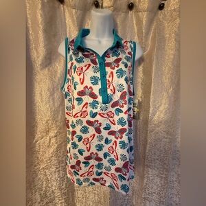 PGA Tour Sleeveless Polo with Teal Trim and Red Butterfly Print.